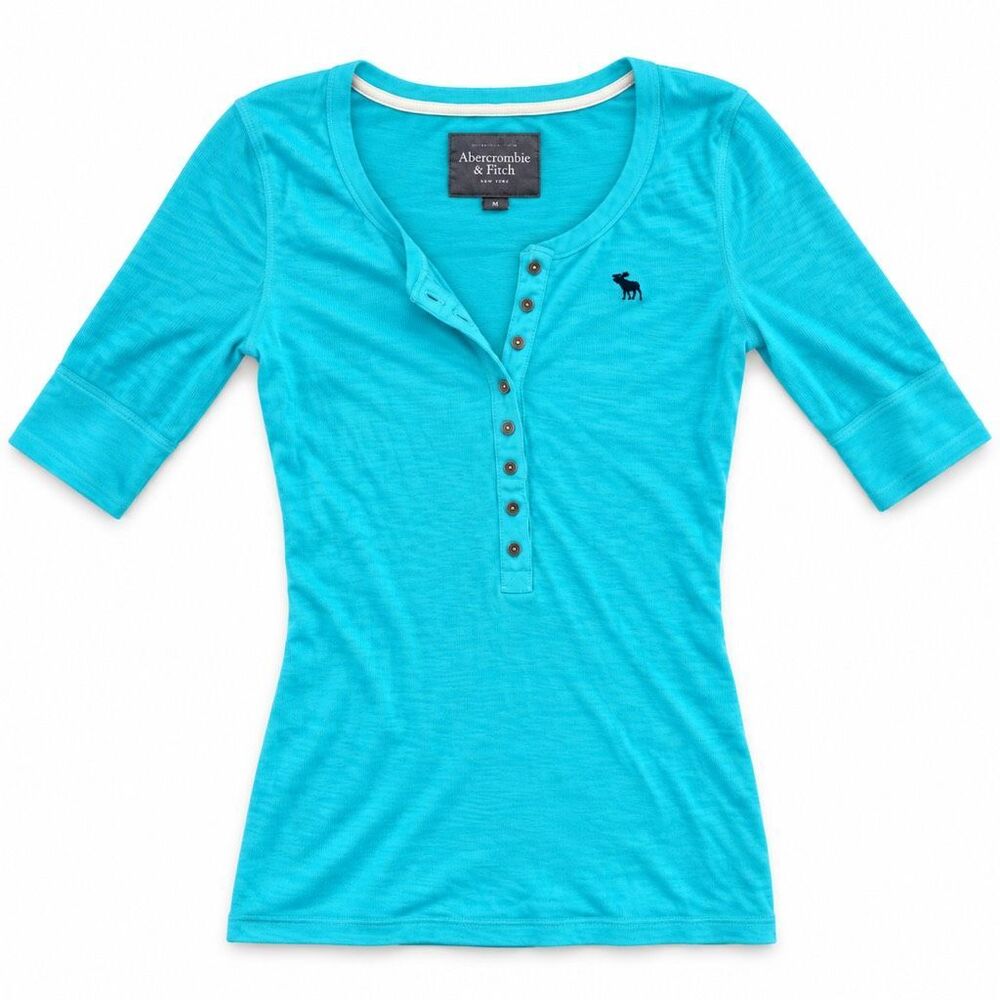 Rare Abercrombie & Fitch Y2K Turquoise 3/4 Sleeve Henley Top L